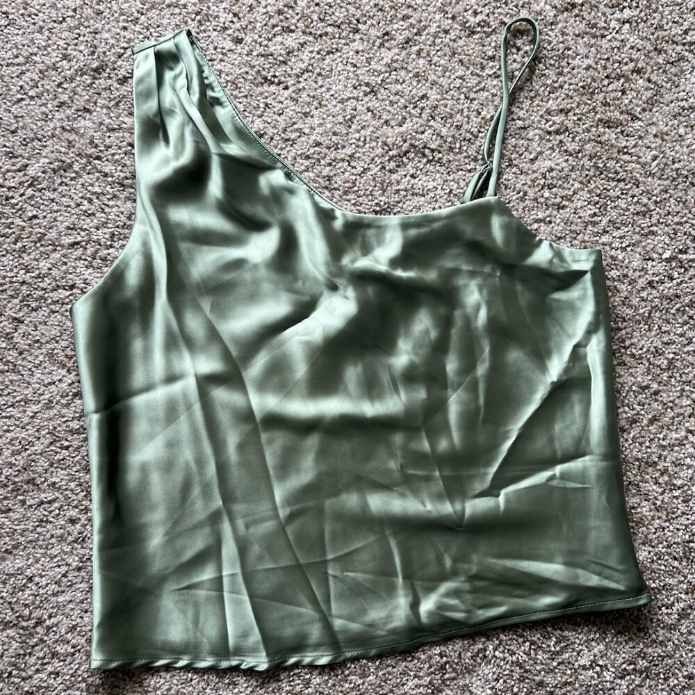Lulus One Shoulder Green Silk Tank Top (NWT)